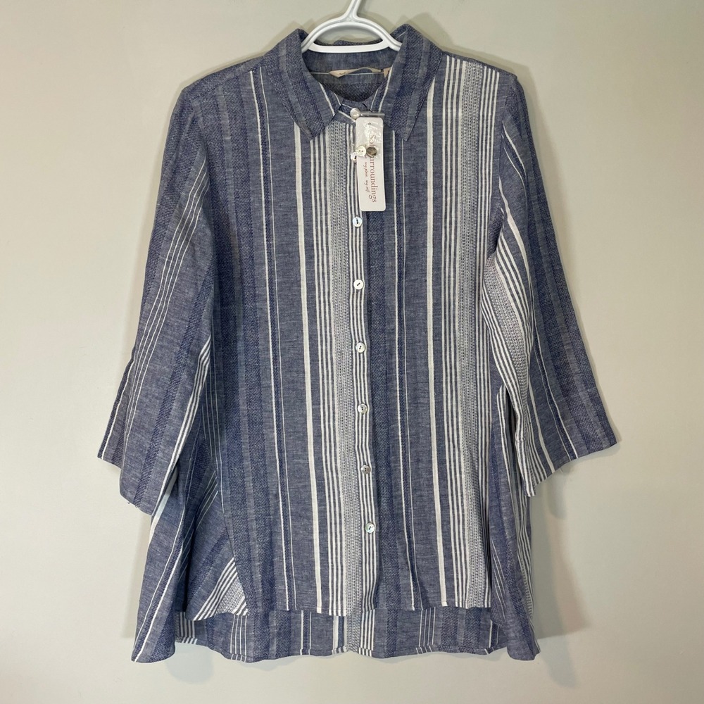 Soft Surroundings Vivienne Linen Shirt Blue Stripe Button Down Womens M New